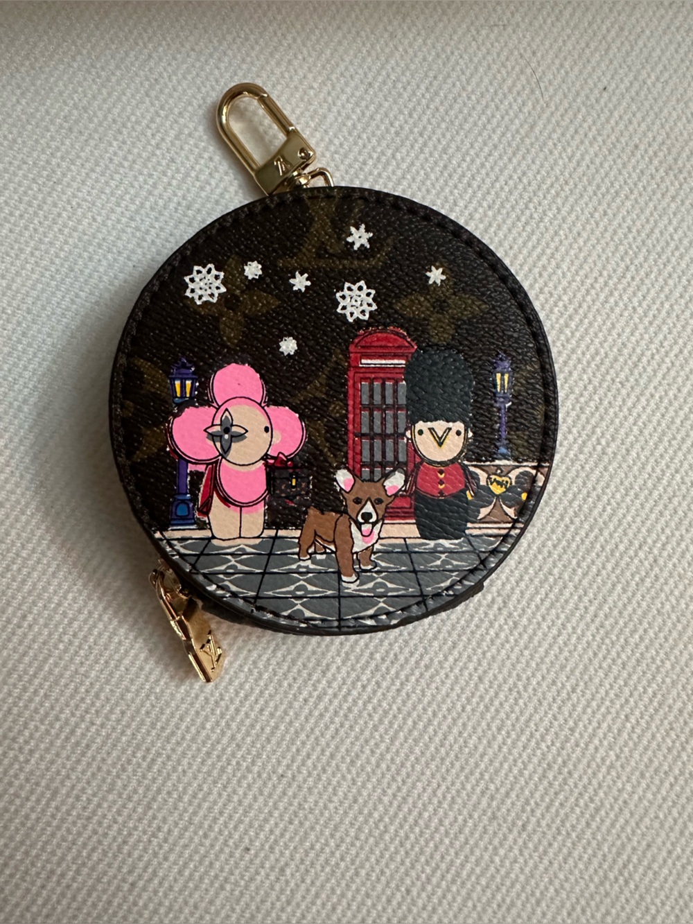 Round Black Patterned Coin Pouch with Pink Floral Accent